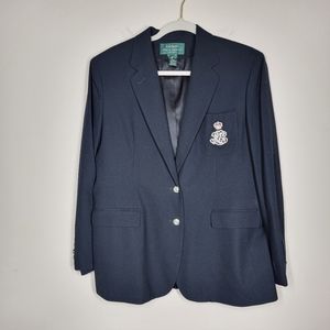 Ralph Lauren black crested emblem blazer silver buttons 12 petite 100% wool